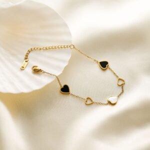 Black and White Heart Gold plated minimal Bracelet / Anklet