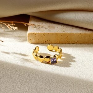 Stainless Steel Gold Plated Ring with Purple Cubic Zirconia