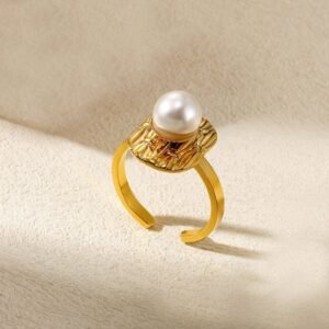 18k Gold Plated Pearl Ring - Textured Band Design