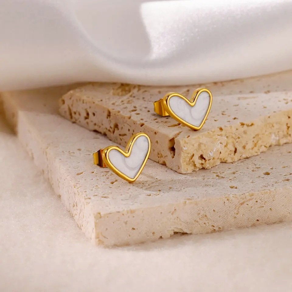 White Heart Stainless Steel Stud Earrings