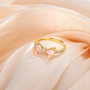Pink Crystal Bow Tie Ring Gold Plated Adjustable Ring