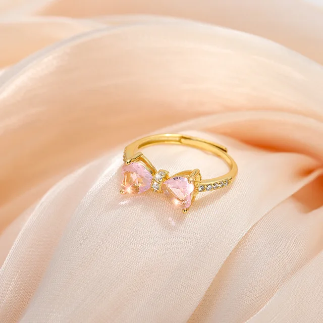 Pink Crystal Bow Tie Ring Gold Plated Adjustable Ring