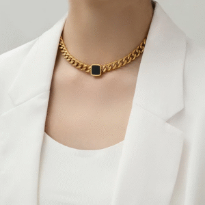 Black Stone Studded Heavy Cuben Gold Plated Chained Necklace