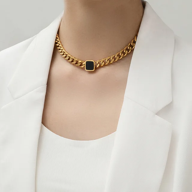 Black Stone Studded Heavy Cuben Gold Plated Chained Necklace
