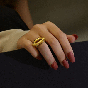 Gold Plated Lips Statement Ring - Size 7