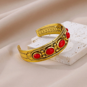 Antique-Style Gold Cuff Bracelet with Red Accents