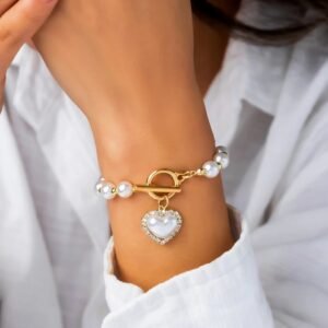 Pearl Beads Heart Charmed Gold Plated Bracelet