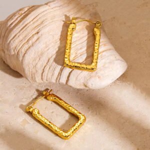 Gold Plated Hammered Rectangle Hoop Earrings