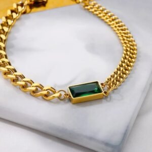 Green Crystal Heavy Chained Gold Plated Bracelet / Anklet