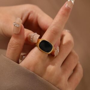 Classic Gold Plated Signet Ring with Black Onyx Inlay