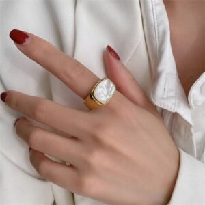 Classic Gold Plated Signet Ring with white Stone Inlay