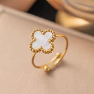 Gold-Plated Adjustable Clover Ring - White