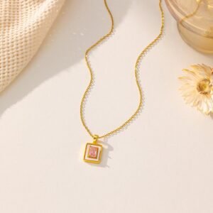 Gold Plated Frame Shaped Pink Crystal Nekclace