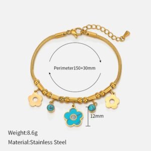 Gold Plated Stainless Steel Bracelet with Turquoise Flower Charms