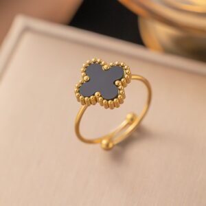 Gold-Plated Adjustable Clover Ring - Black