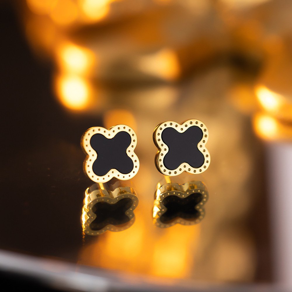 Gold-Plated Black Mini 11mm Clover Stud Earrings