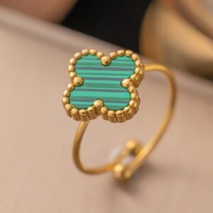 Gold-Plated Adjustable Clover Ring - Green