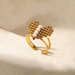 18k Gold Plated Beaded Heart Ring with Pearls