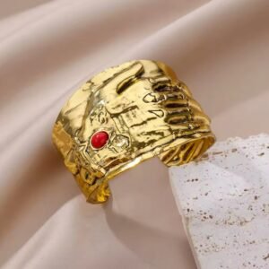 Unique Gold Plated Hand Cuff Bracelet with Red Accent Stone