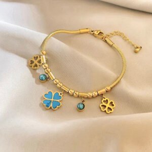 Gold Plated Stainless Steel Bracelet with Turquoise Clover Charms